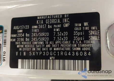 2024 Kia Telluride Ex X-Line z USA, uszkodzony, nr VIN 5XYP3DGC1RG436084